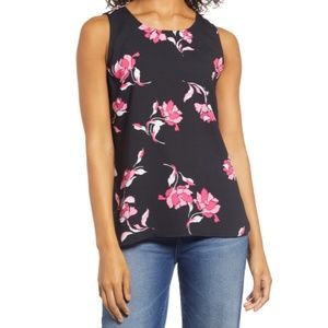 NWT Halogen Scoop Neck Woven Shell in Black with Pink Floral